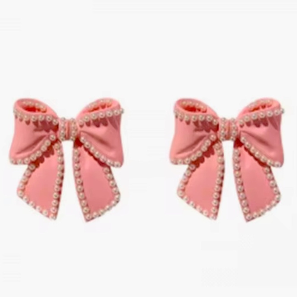 Pink Bow and Simulated Pearl Stud Earrings